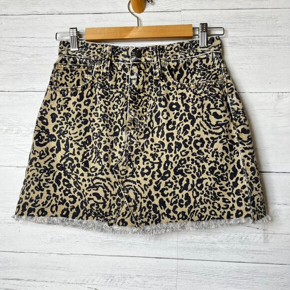 Madewell Skirt Womens Size 25 Rigid Denim A Line Leopard Mini 100% Cotton - Picture 1 of 16